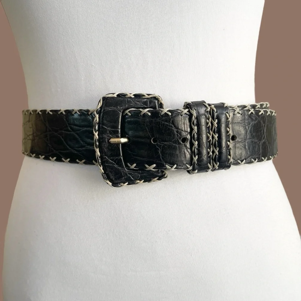 Italian Leather Black Croc Embossed Wide Waist Oversized Belt Maximalist Size S